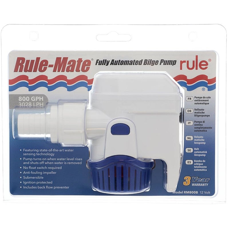 Rule-Mate Automatic Submersible Bilge Pumps 12V RM800B- 800GPH with Auto Sense Intelligence - Thermal Cut-Off & Backflow Prevention - Compact Design for Boats - Easy Install Threaded Discharge - Image 1